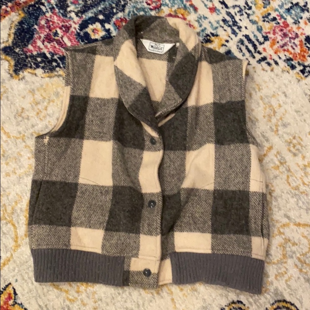 Wool buffalo plaid vest with pockets